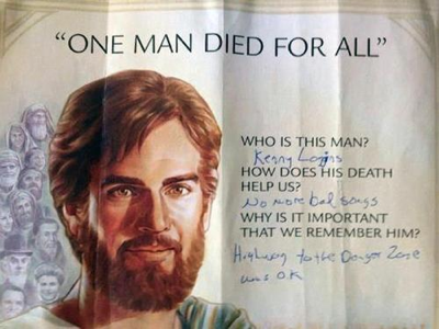 For those having problems reading the text, it has been helpfully answered by some wonderful human being. It says:<p>Who is this man?<p><i>Kenny Loggins</i><p>Why does his death help us?<p><i>No more bad songs</i><p>Why is it important that we remember him?<p><i>Highway to the Danger Zone was OK</i>